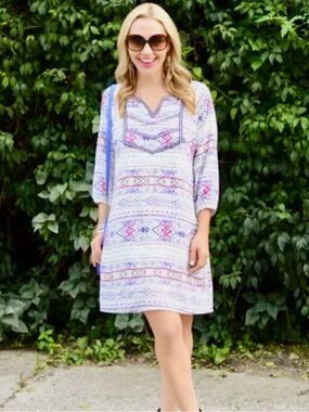 Anthropologie Cream Boho Printed Shift Dress with Pink & Blue Accents